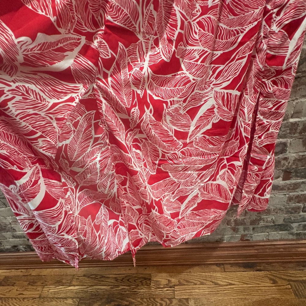 Masala Red White Tropical Leaf Print Maxi Dress V Neck Smocked Dress Size Medium - Picture 7 of 8